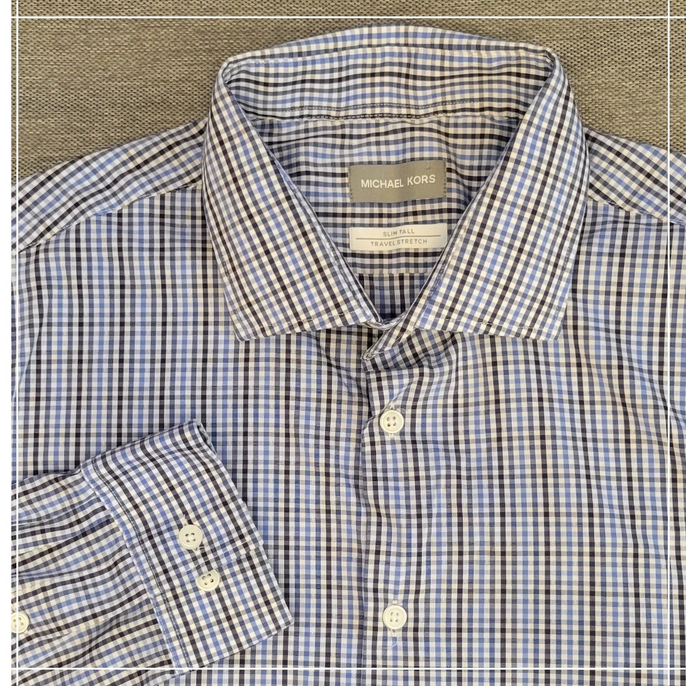 Michael Kors Mens Slim Tall Travel Stretch Gingham Button Down Shirt Blue 17